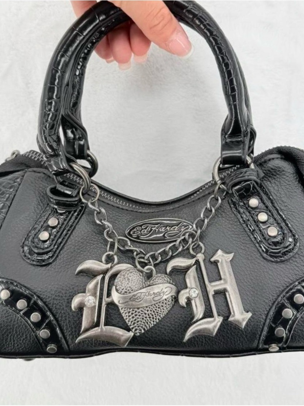 Ed Hardy Black Studded Satchel with Silver Logo Charms
